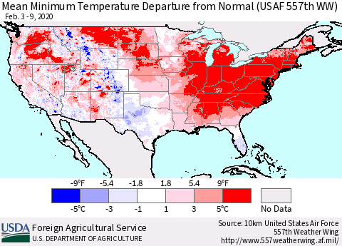 United States Mean Minimum Temperature Departure from Normal (USAF 557th WW) Thematic Map For 2/3/2020 - 2/9/2020