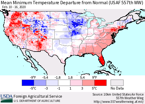 United States Mean Minimum Temperature Departure from Normal (USAF 557th WW) Thematic Map For 2/10/2020 - 2/16/2020