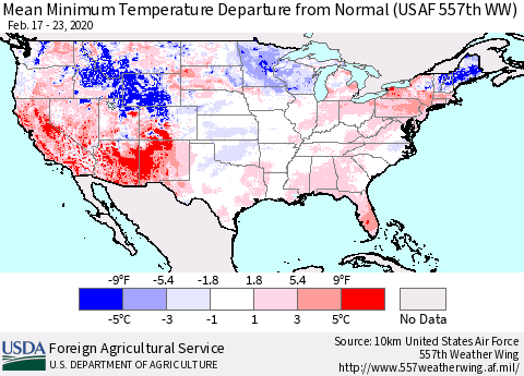 United States Mean Minimum Temperature Departure from Normal (USAF 557th WW) Thematic Map For 2/17/2020 - 2/23/2020