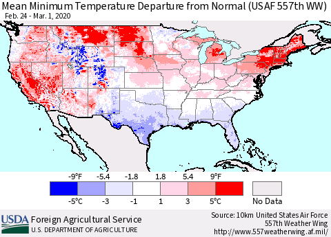 United States Mean Minimum Temperature Departure from Normal (USAF 557th WW) Thematic Map For 2/24/2020 - 3/1/2020