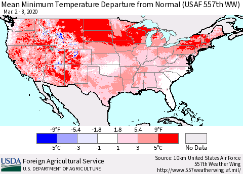 United States Mean Minimum Temperature Departure from Normal (USAF 557th WW) Thematic Map For 3/2/2020 - 3/8/2020
