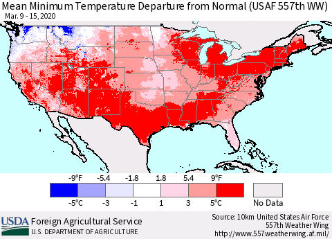 United States Minimum Temperature Departure From Normal (USAF 557th WW) Thematic Map For 3/9/2020 - 3/15/2020