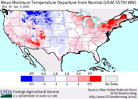 United States Mean Minimum Temperature Departure from Normal (USAF 557th WW) Thematic Map For 3/30/2020 - 4/5/2020