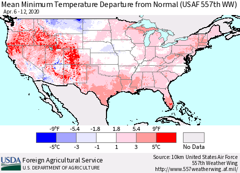 United States Mean Minimum Temperature Departure from Normal (USAF 557th WW) Thematic Map For 4/6/2020 - 4/12/2020