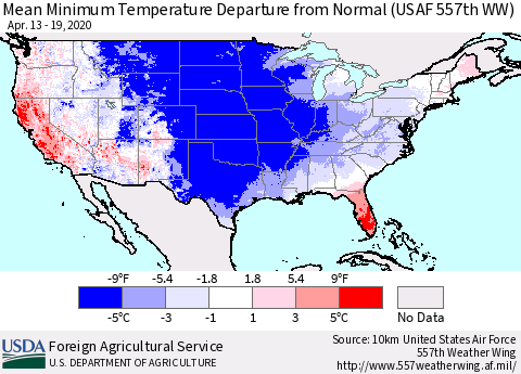 United States Mean Minimum Temperature Departure from Normal (USAF 557th WW) Thematic Map For 4/13/2020 - 4/19/2020