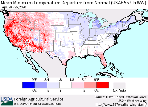 United States Mean Minimum Temperature Departure from Normal (USAF 557th WW) Thematic Map For 4/20/2020 - 4/26/2020