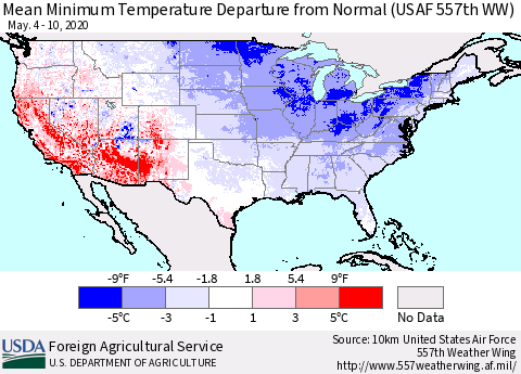 United States Mean Minimum Temperature Departure from Normal (USAF 557th WW) Thematic Map For 5/4/2020 - 5/10/2020