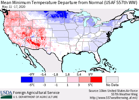 United States Minimum Temperature Departure From Normal (USAF 557th WW) Thematic Map For 5/11/2020 - 5/17/2020