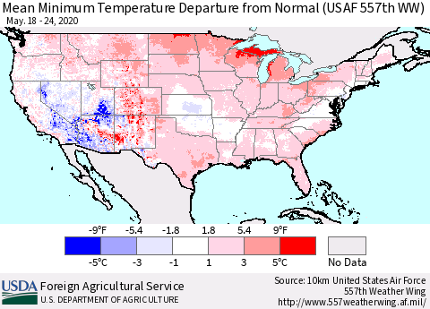 United States Mean Minimum Temperature Departure from Normal (USAF 557th WW) Thematic Map For 5/18/2020 - 5/24/2020