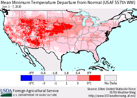 United States Mean Minimum Temperature Departure from Normal (USAF 557th WW) Thematic Map For 6/1/2020 - 6/7/2020
