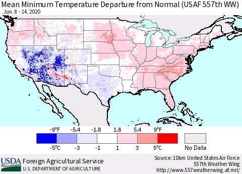 United States Minimum Temperature Departure From Normal (USAF 557th WW) Thematic Map For 6/8/2020 - 6/14/2020