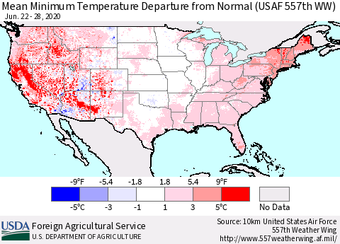 United States Mean Minimum Temperature Departure from Normal (USAF 557th WW) Thematic Map For 6/22/2020 - 6/28/2020