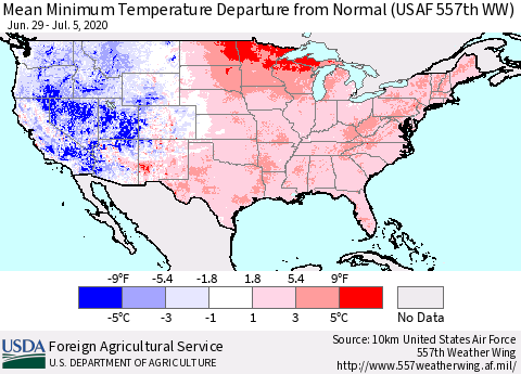 United States Mean Minimum Temperature Departure from Normal (USAF 557th WW) Thematic Map For 6/29/2020 - 7/5/2020