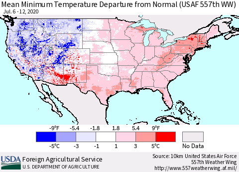 United States Minimum Temperature Departure From Normal (USAF 557th WW) Thematic Map For 7/6/2020 - 7/12/2020