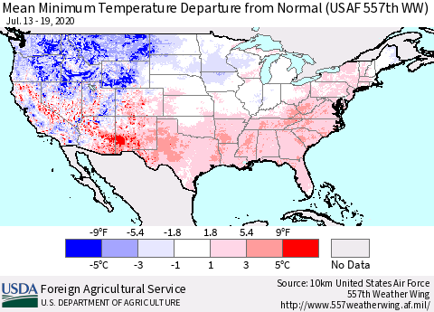United States Mean Minimum Temperature Departure from Normal (USAF 557th WW) Thematic Map For 7/13/2020 - 7/19/2020