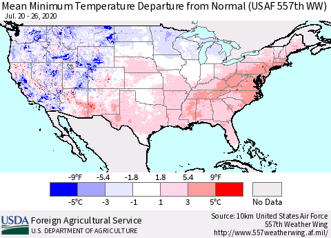 United States Minimum Temperature Departure From Normal (USAF 557th WW) Thematic Map For 7/20/2020 - 7/26/2020