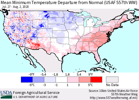 United States Mean Minimum Temperature Departure from Normal (USAF 557th WW) Thematic Map For 7/27/2020 - 8/2/2020