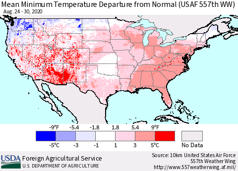 United States Minimum Temperature Departure From Normal (USAF 557th WW) Thematic Map For 8/24/2020 - 8/30/2020