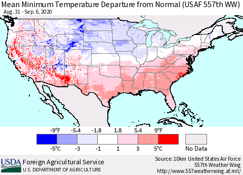 United States Minimum Temperature Departure From Normal (USAF 557th WW) Thematic Map For 8/31/2020 - 9/6/2020