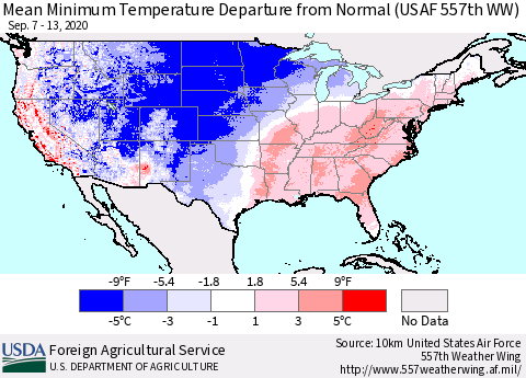 United States Mean Minimum Temperature Departure from Normal (USAF 557th WW) Thematic Map For 9/7/2020 - 9/13/2020