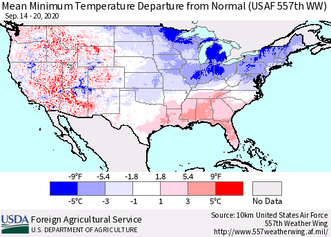 United States Mean Minimum Temperature Departure from Normal (USAF 557th WW) Thematic Map For 9/14/2020 - 9/20/2020