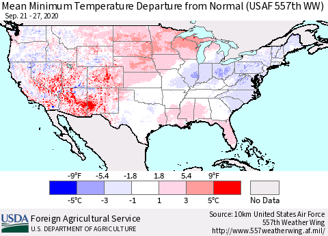 United States Mean Minimum Temperature Departure from Normal (USAF 557th WW) Thematic Map For 9/21/2020 - 9/27/2020