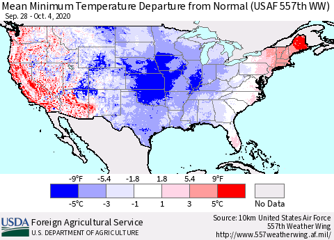 United States Mean Minimum Temperature Departure from Normal (USAF 557th WW) Thematic Map For 9/28/2020 - 10/4/2020
