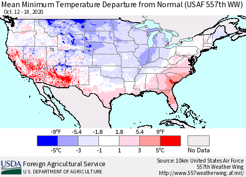 United States Mean Minimum Temperature Departure from Normal (USAF 557th WW) Thematic Map For 10/12/2020 - 10/18/2020