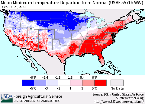 United States Minimum Temperature Departure From Normal (USAF 557th WW) Thematic Map For 10/19/2020 - 10/25/2020
