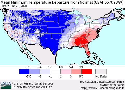 United States Mean Minimum Temperature Departure from Normal (USAF 557th WW) Thematic Map For 10/26/2020 - 11/1/2020