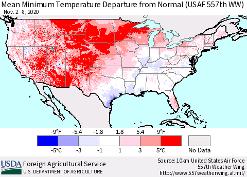 United States Mean Minimum Temperature Departure from Normal (USAF 557th WW) Thematic Map For 11/2/2020 - 11/8/2020