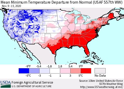United States Minimum Temperature Departure From Normal (USAF 557th WW) Thematic Map For 11/9/2020 - 11/15/2020