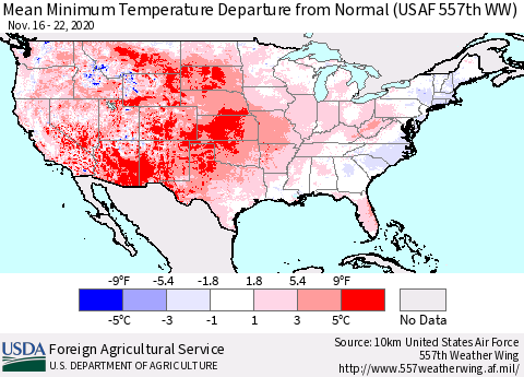 United States Minimum Temperature Departure From Normal (USAF 557th WW) Thematic Map For 11/16/2020 - 11/22/2020