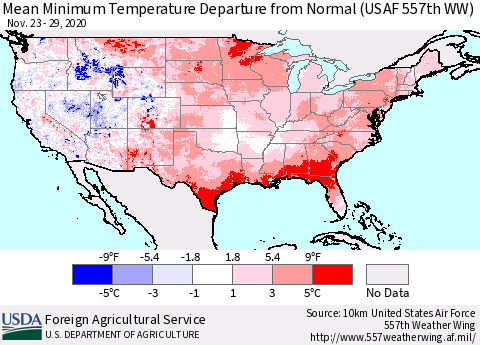 United States Mean Minimum Temperature Departure from Normal (USAF 557th WW) Thematic Map For 11/23/2020 - 11/29/2020