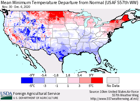 United States Mean Minimum Temperature Departure from Normal (USAF 557th WW) Thematic Map For 11/30/2020 - 12/6/2020