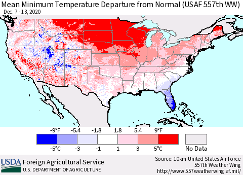 United States Mean Minimum Temperature Departure from Normal (USAF 557th WW) Thematic Map For 12/7/2020 - 12/13/2020
