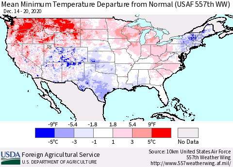 United States Mean Minimum Temperature Departure from Normal (USAF 557th WW) Thematic Map For 12/14/2020 - 12/20/2020