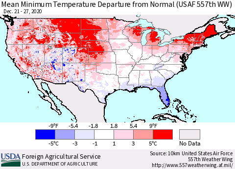 United States Mean Minimum Temperature Departure from Normal (USAF 557th WW) Thematic Map For 12/21/2020 - 12/27/2020