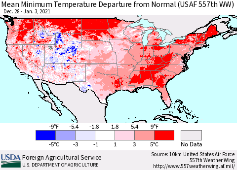 United States Mean Minimum Temperature Departure from Normal (USAF 557th WW) Thematic Map For 12/28/2020 - 1/3/2021