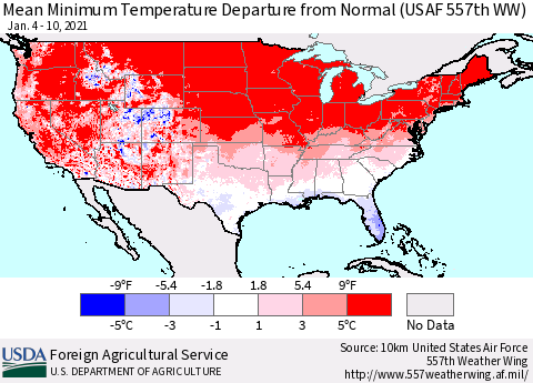 United States Mean Minimum Temperature Departure from Normal (USAF 557th WW) Thematic Map For 1/4/2021 - 1/10/2021