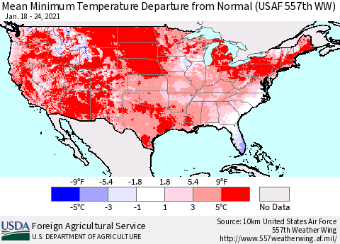 United States Mean Minimum Temperature Departure from Normal (USAF 557th WW) Thematic Map For 1/18/2021 - 1/24/2021