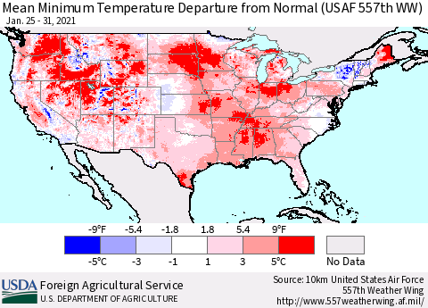 United States Mean Minimum Temperature Departure from Normal (USAF 557th WW) Thematic Map For 1/25/2021 - 1/31/2021