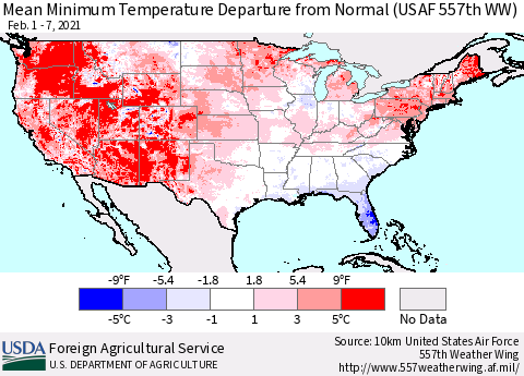 United States Mean Minimum Temperature Departure from Normal (USAF 557th WW) Thematic Map For 2/1/2021 - 2/7/2021