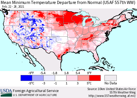 United States Mean Minimum Temperature Departure from Normal (USAF 557th WW) Thematic Map For 2/22/2021 - 2/28/2021