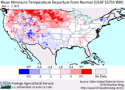 United States Minimum Temperature Departure From Normal (USAF 557th WW) Thematic Map For 3/1/2021 - 3/7/2021
