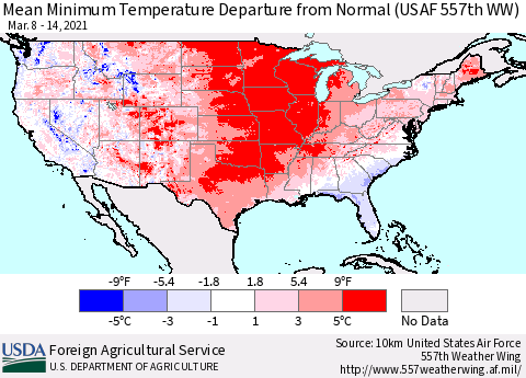United States Mean Minimum Temperature Departure from Normal (USAF 557th WW) Thematic Map For 3/8/2021 - 3/14/2021