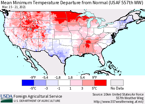 United States Mean Minimum Temperature Departure from Normal (USAF 557th WW) Thematic Map For 3/15/2021 - 3/21/2021