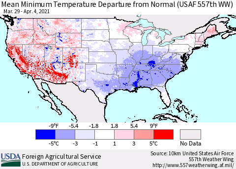United States Minimum Temperature Departure From Normal (USAF 557th WW) Thematic Map For 3/29/2021 - 4/4/2021