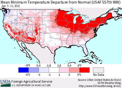 United States Mean Minimum Temperature Departure from Normal (USAF 557th WW) Thematic Map For 4/5/2021 - 4/11/2021
