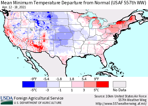 United States Minimum Temperature Departure From Normal (USAF 557th WW) Thematic Map For 4/12/2021 - 4/18/2021
